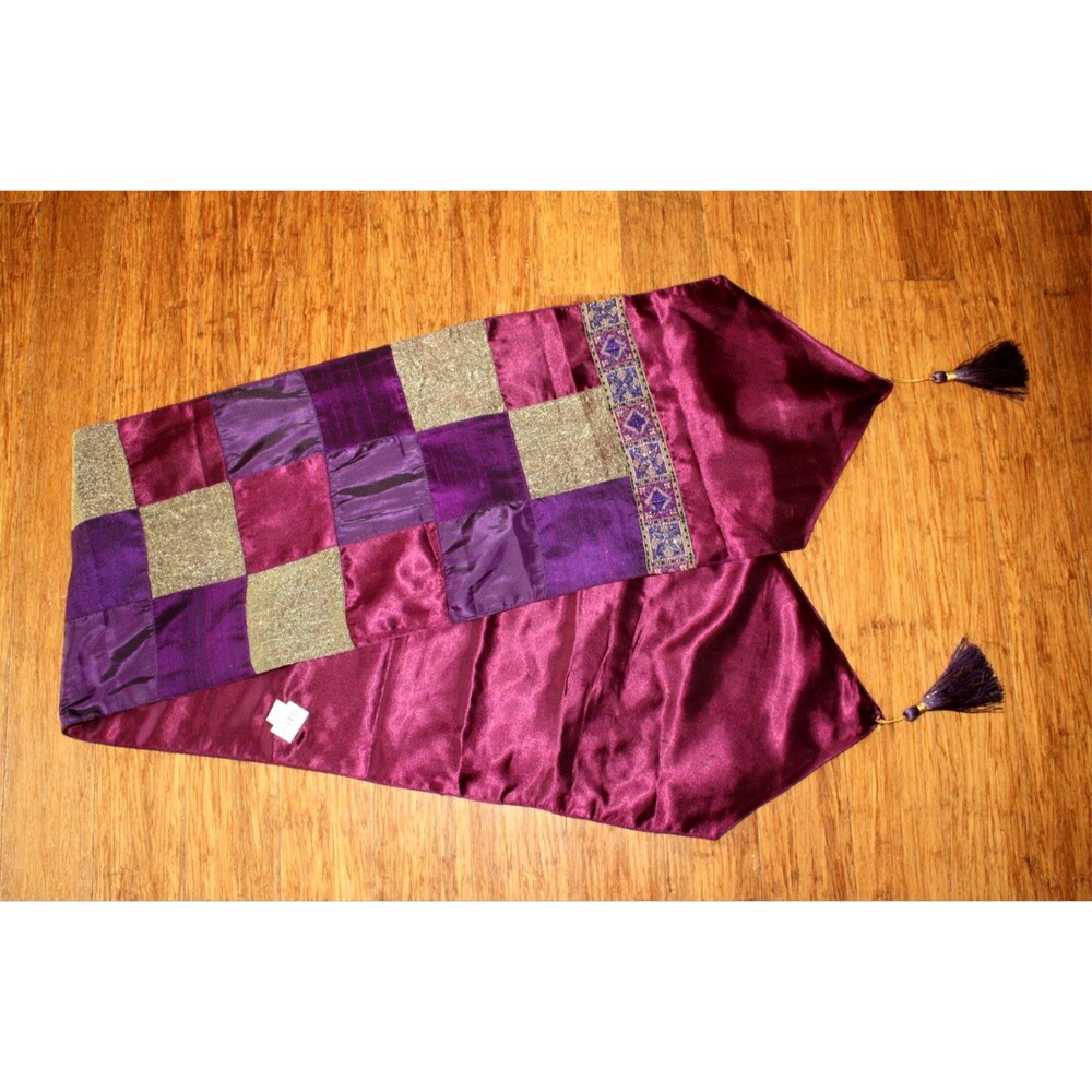 NWT Luxury Glam Table Runner Purple Patchwork Beaded Tassels 70 x 12.5 Lined #03